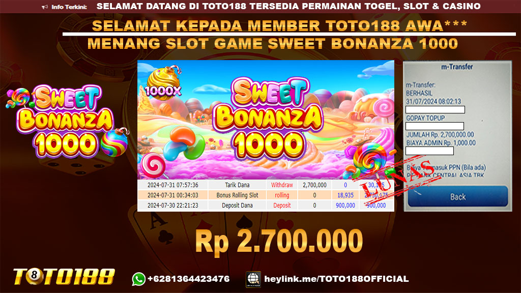 Bukti JP Kemenangan SLOT GAME SWEET BONANZA 1000 31 Juli 2024