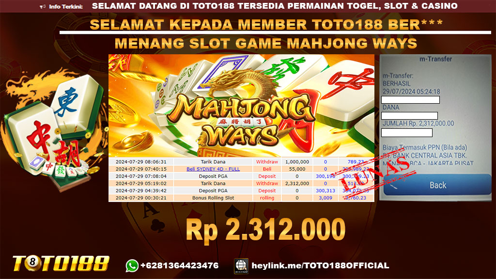 Bukti JP Kemenangan SLOT GAME MAHJONG WAYS 29 jul 24
