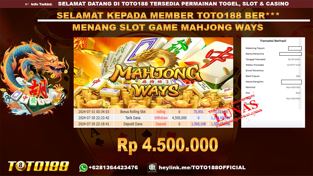 Bukti JP Kemenangan SLOT GAME MAHJONG WAYS 30 jul 24