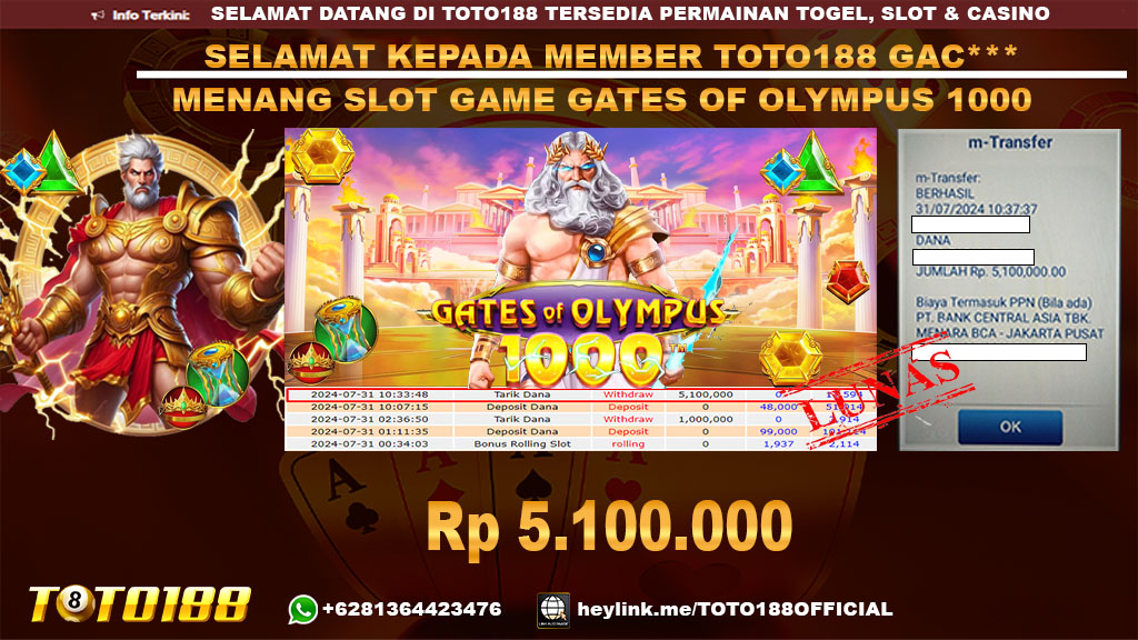 Bukti JP Kemenangan SLOT GAME GATES OF OLYMPUS 1000 31 jul 24