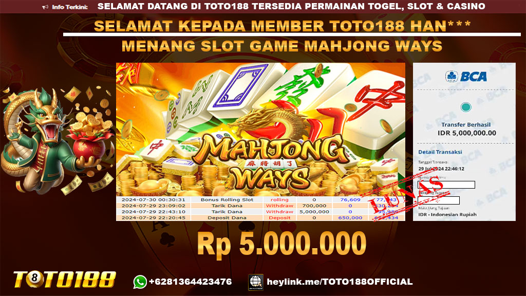 Bukti JP Kemenangan SLOT GAME MAHJONG WAYS 29 jul 24