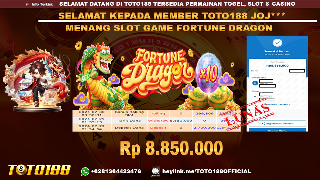 Bukti JP Kemenangan SLOT GAME FORTUNE DRAGON 29 jul 24