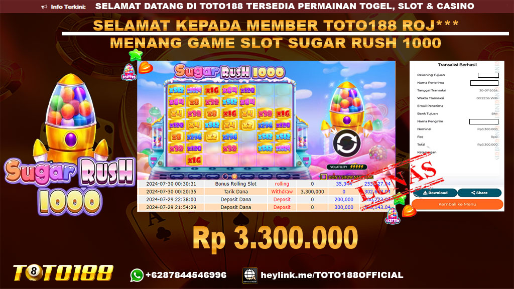 Bukti JP Kemenangan Slot Game SUGAR RUSH 1000 30 Juli 2024