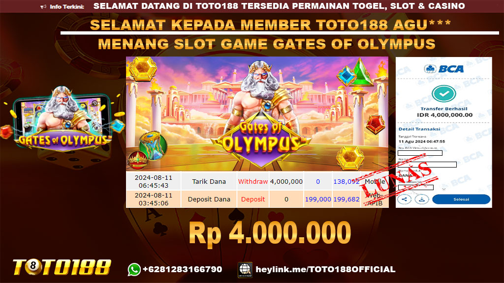 Bukti JP Kemenangan SLOT GAME GATES OF OLYMPUS 11 Agust 24