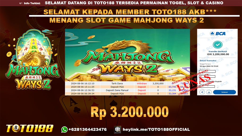 Bukti JP Kemenangan SLOT GAME MAHJONG WAYS 2 06 agust 24
