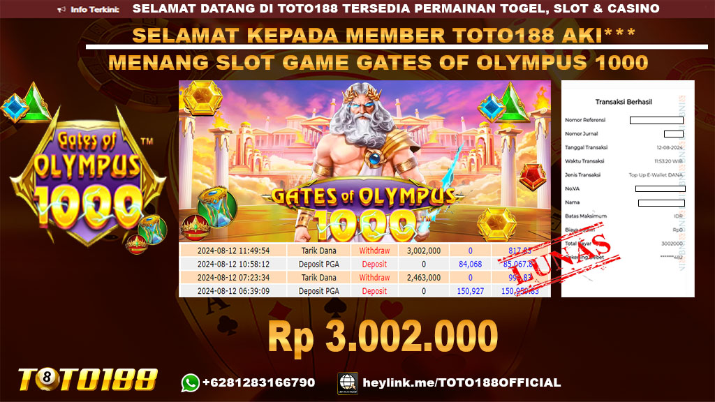 Bukti JP Kemenangan SLOT GAME GATES OF OLYMPUS 1000 12 Agust 24