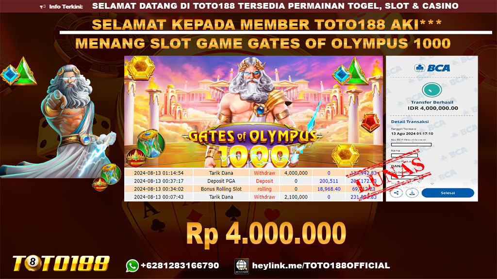 Bukti JP Kemenangan SLOT GAME GATES OF OLYMPUS 1000 13 Agust 24