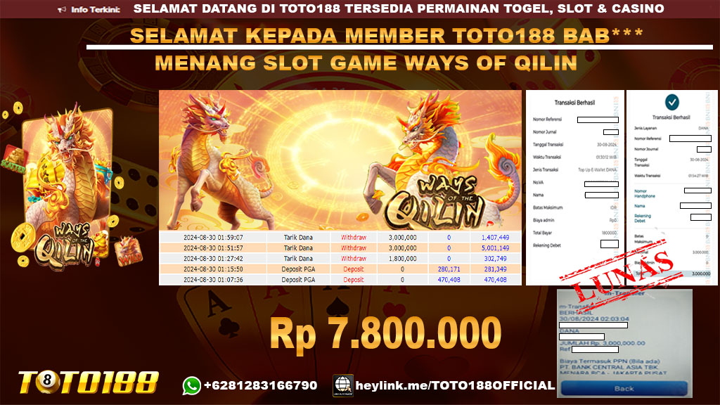 Bukti JP Kemenangan SLOT GAME WAYS OF QILIN 30 agust 24