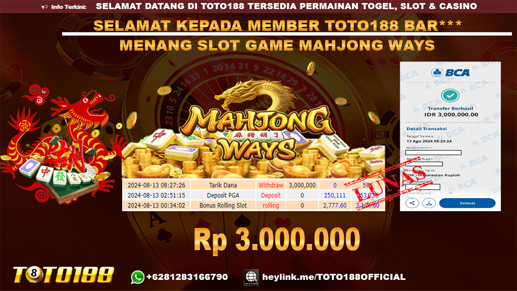 Bukti JP Kemenangan SLOT GAME MAHJONG WAYS 13 agust 24