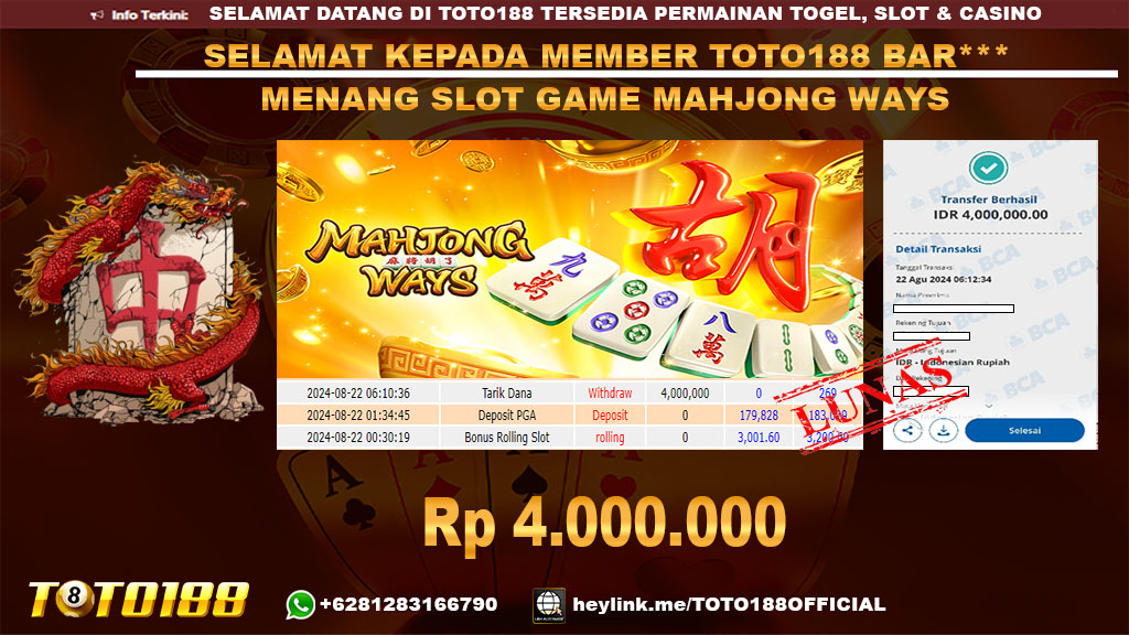 Bukti JP Kemenangan SLOT GAME MAHJONG WAYS 22 agust 24