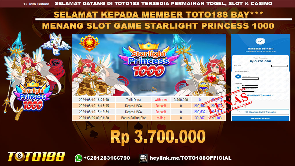 Bukti JP Kemenangan SLOT GAME STARLIGHT PRINCESS 1000 10 agust 24