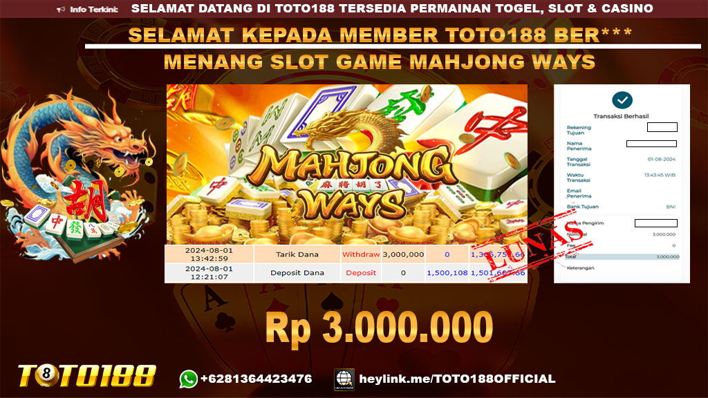 Bukti JP Kemenangan SLOT GAME MAHJONG WAYS 01 agust 24