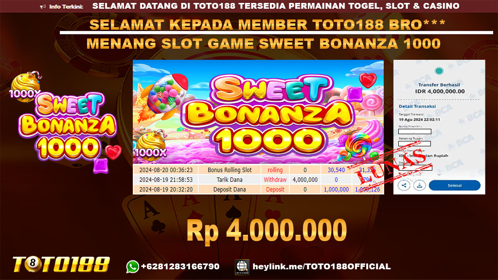 Bukti JP Kemenangan SLOT GAME SWEET BONANZA 1000 19 agust 2024