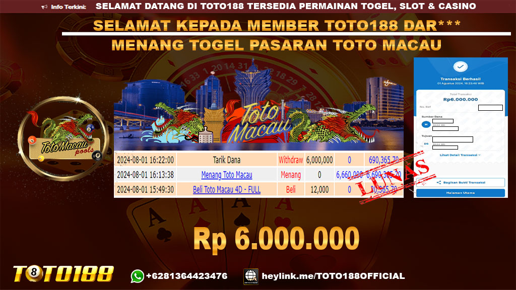 Bukti JP Kemenangan TOGEL PASARAN TOTO MACAU 01 Agust 24