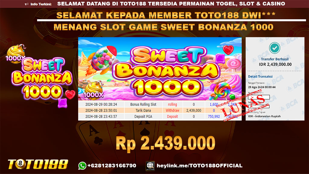 Bukti JP Kemenangan SLOT GAME SWEET BONANZA 1000 29 agust 2024