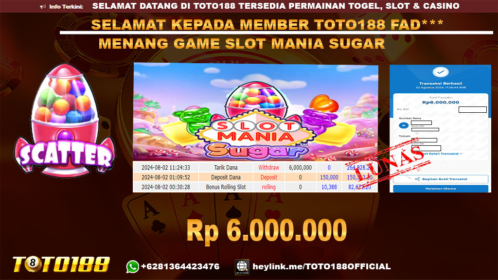 Bukti JP Kemenangan SLOT MANIA SUGAR 02 Agust 24