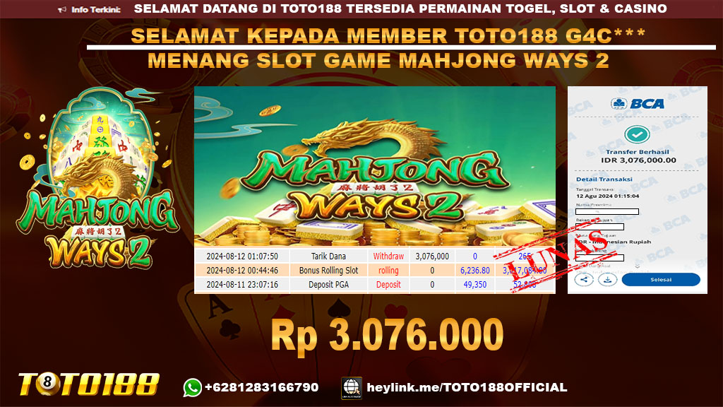 Bukti JP Kemenangan SLOT GAME MAHJONG WAYS 2 12 agust 24