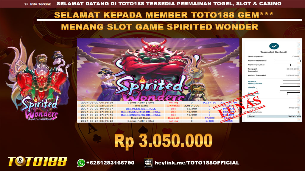 Bukti JP Kemenangan SLOT GAME SPIRITED WONDER 28 Agust 24