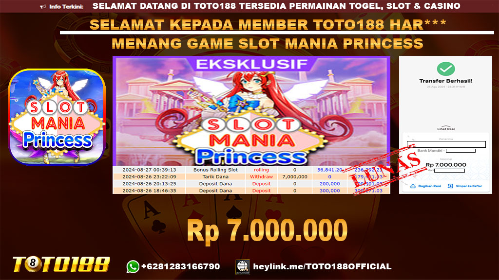 Bukti JP Kemenangan GAME SLOT MANIA PRINCESS 26 agust 24