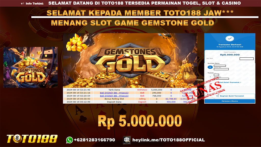 Bukti JP Kemenangan SLOT GAME GEMSTONES GOLD 19 Agust 24