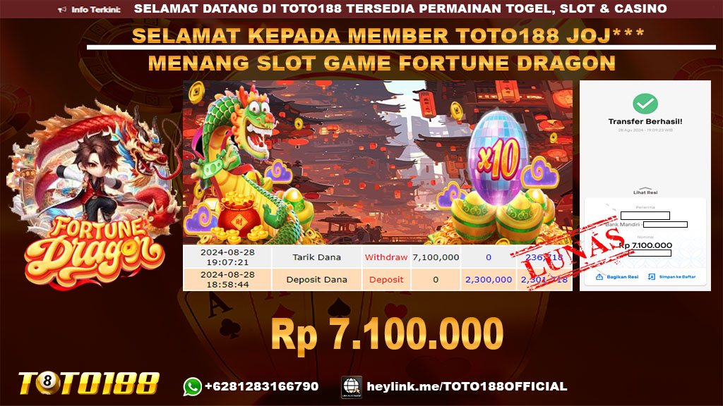 Bukti JP Kemenangan SLOT GAME FORTUNE DRAGON 28 Agust 24