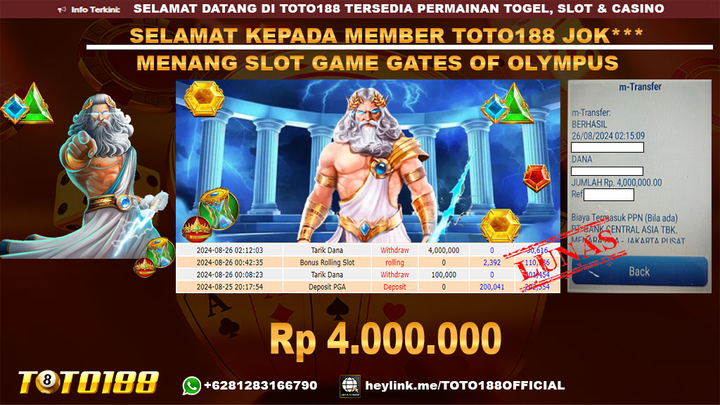 Bukti JP Kemenangan SLOT GAME GATES OF OLYMPUS 26 Agust 24