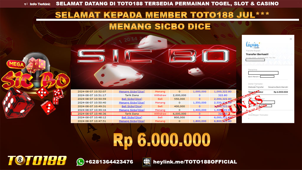 Bukti JP Kemenangan SICBO DICE 07 agust 2024