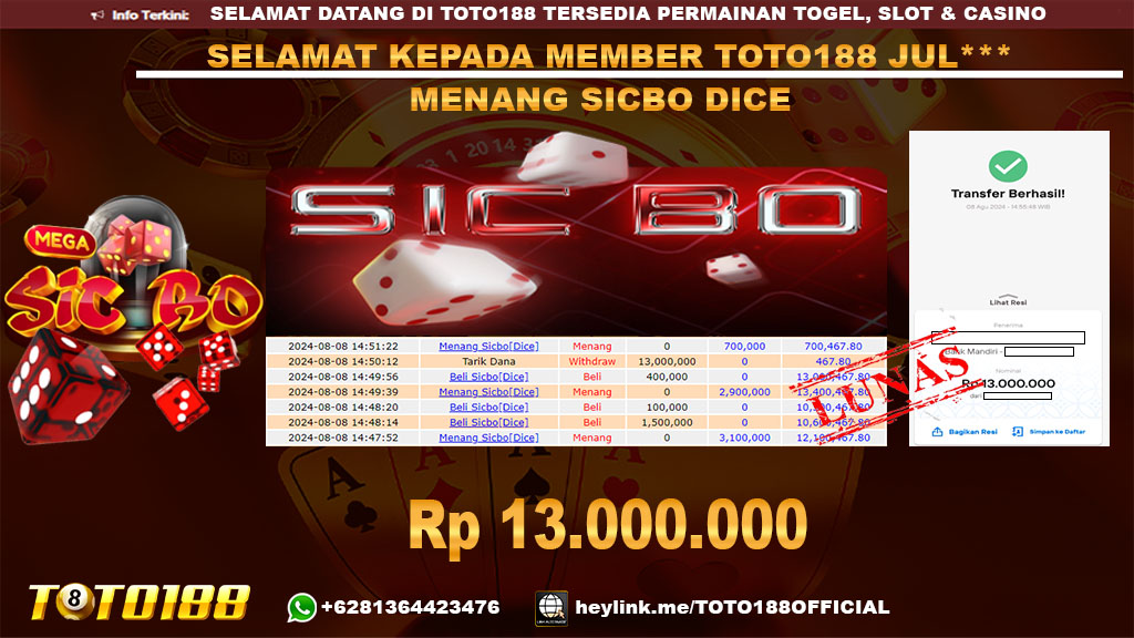 Bukti JP Kemenangan SICBO DICE 08 agust 2024
