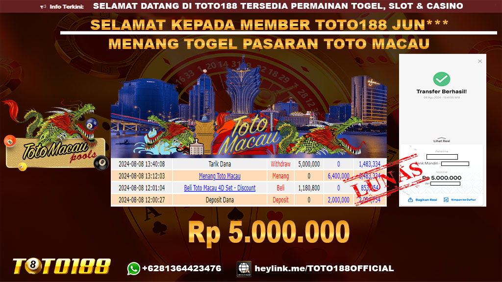 Bukti JP Kemenangan TOGEL PASARAN TOTO MACAU 08 Agust 24