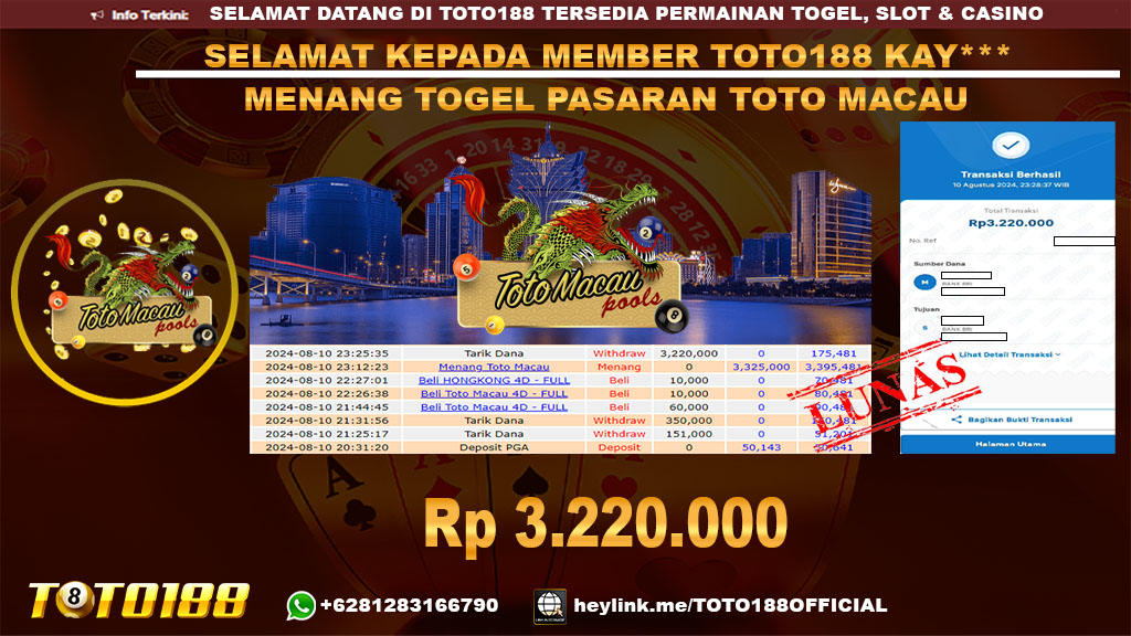 Bukti JP Kemenangan TOGEL PASARAN TOTO MACAU 10 Agust 24