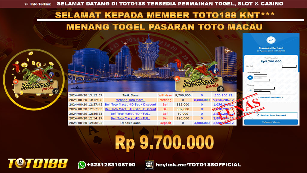 Bukti JP Kemenangan TOGEL PASARAN TOTO MACAU 20 Agust 24