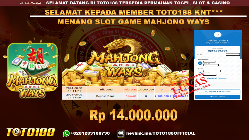 Bukti JP Kemenangan SLOT GAME MAHJONG WAYS 31 agust 24