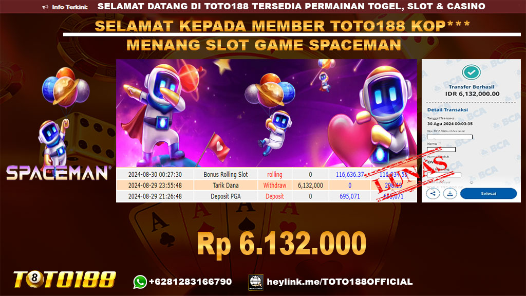 Bukti JP Kemenangan SLOT GAME SPACEMAN 30 agust 24