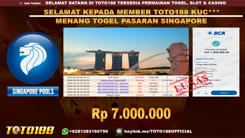 Bukti JP Kemenangan Togel Pasaran SINGAPORE 18 Agust 24
