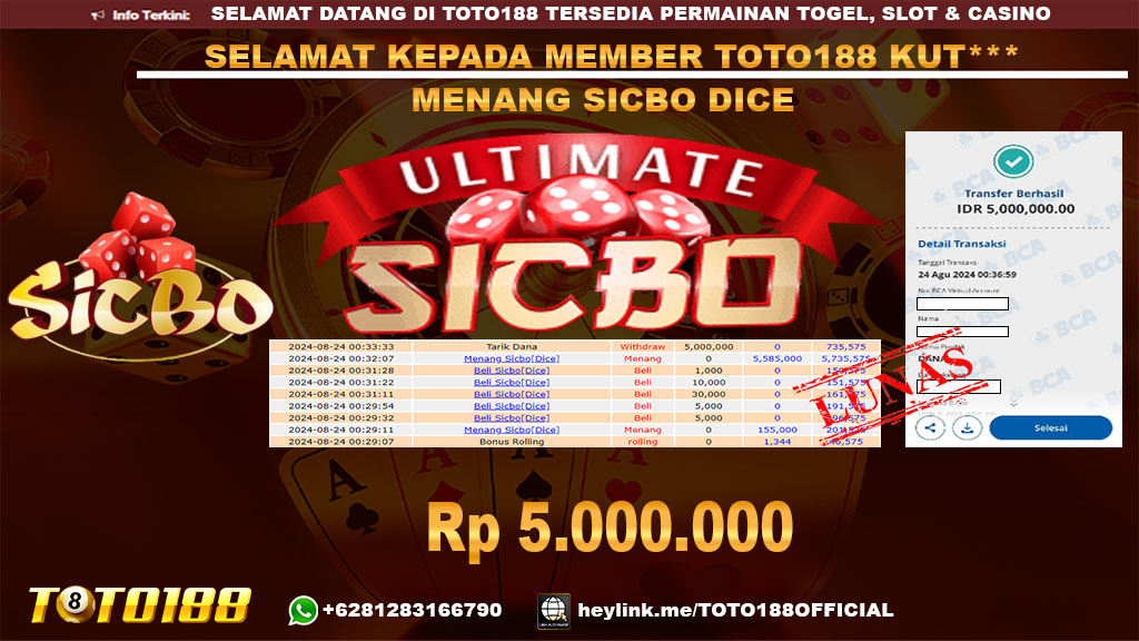 Bukti JP Kemenangan SICBO DICE 24 agust 2024