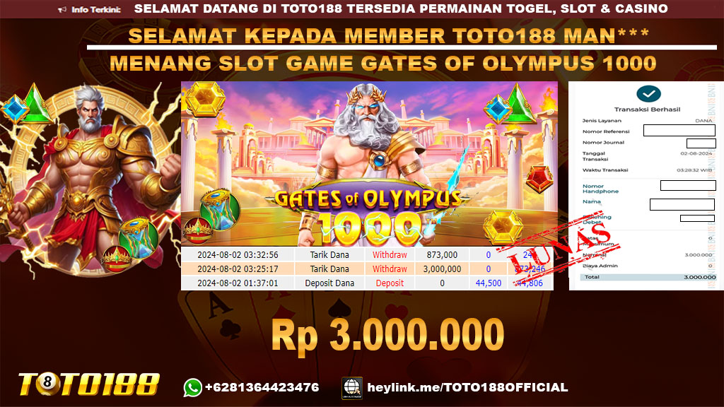Bukti JP Kemenangan SLOT GAME GATES OF OLYMPUS 1000 01 Agust 24