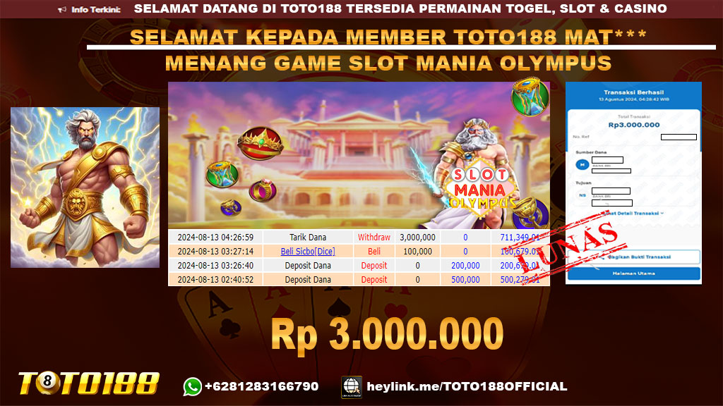 Bukti JP Kemenangan SLOT MANIA OLYMPUS 13 Agust 24