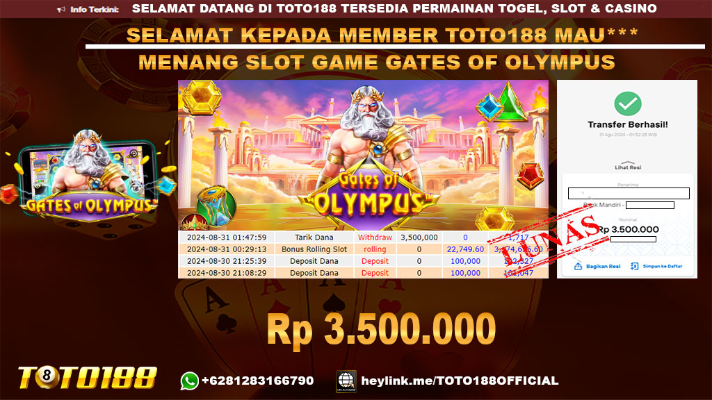 Bukti JP Kemenangan SLOT GAME GATES OF OLYMPUS 31 Agust 24