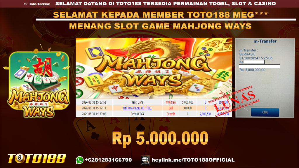 Bukti JP Kemenangan SLOT GAME MAHJONG WAYS 31 agust 24