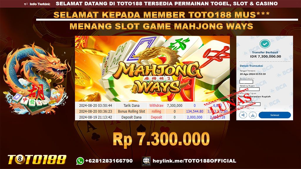 Bukti JP Kemenangan SLOT GAME MAHJONG WAYS 20 agust 24