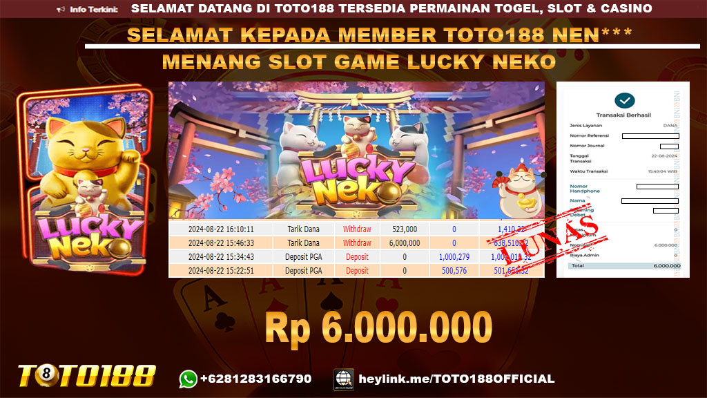 Bukti JP Kemenangan SLOT GAME LUCKY NEKO 22 agust 24