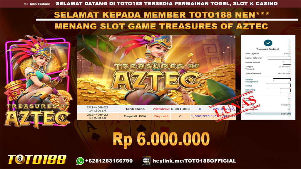 Bukti JP Kemenangan SLOT GAME TREASURES OF AZTEC 23 agust 24