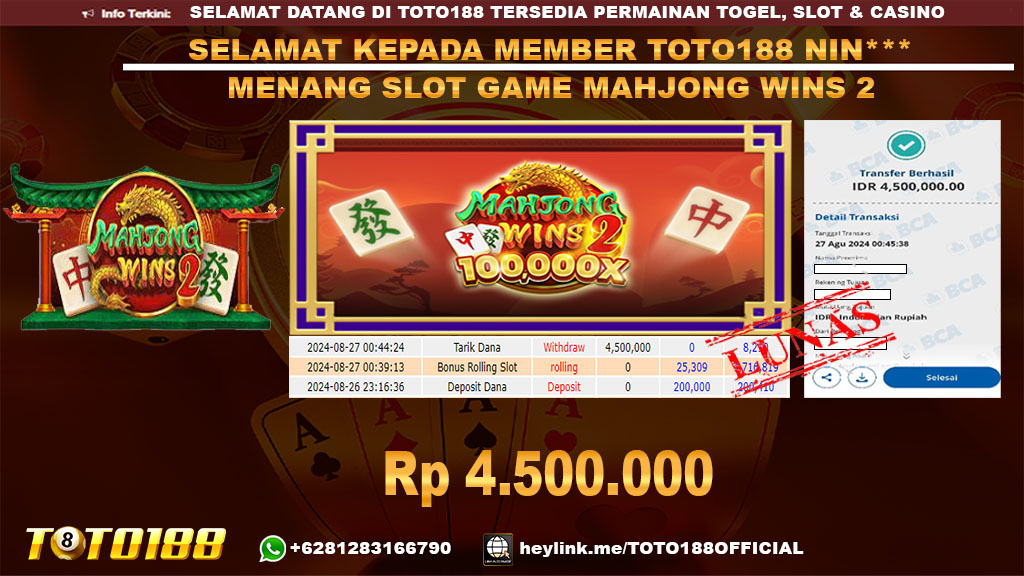 Bukti JP Kemenangan SLOT GAME MAHJONG WINS2 27 agust 24