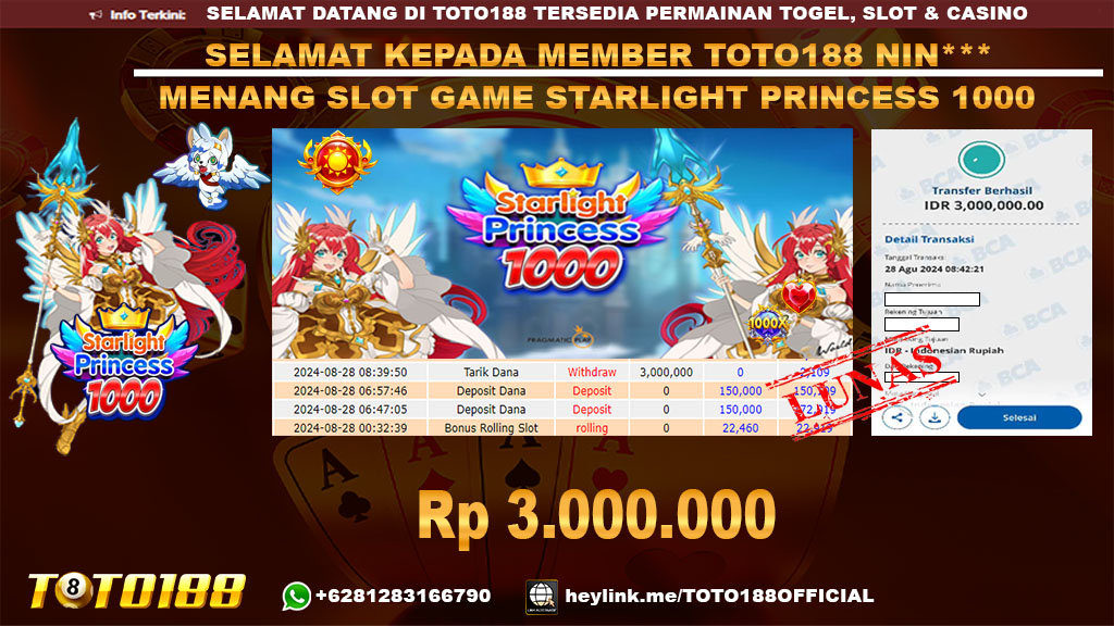 Bukti JP Kemenangan SLOT GAME STARLIGHT PRINCESS 1000 28 agust 24