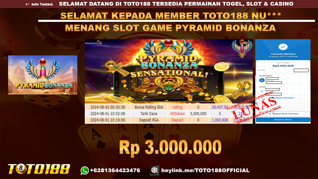 Bukti JP Kemenangan SLOT GAME PYRAMID BONANZA 01 Agustus 24