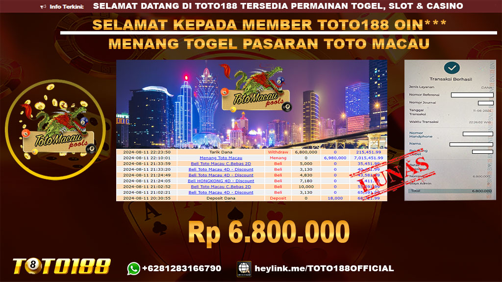 Bukti JP Kemenangan TOGEL PASARAN TOTO MACAU 11 Agust 24