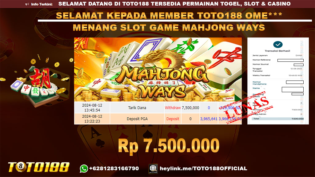 Bukti JP Kemenangan SLOT GAME MAHJONG WAYS 12 agust 24