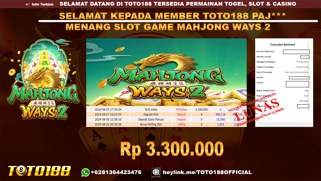 Bukti JP Kemenangan SLOT GAME MAHJONG WAYS 2 07 agust 24
