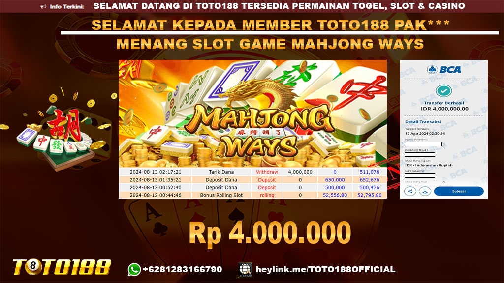 Bukti JP Kemenangan SLOT GAME MAHJONG WAYS 13 agust 24