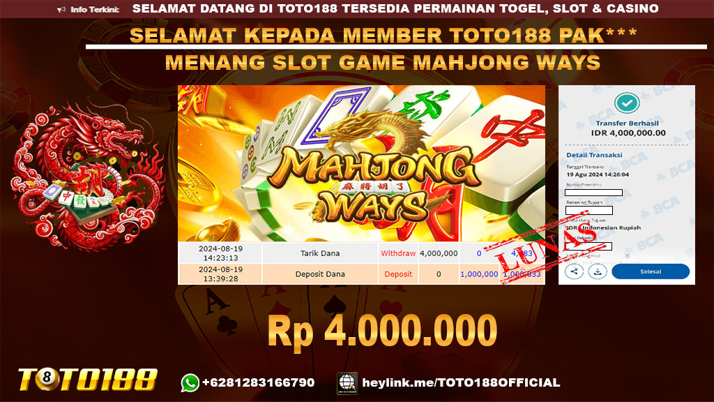 Bukti JP Kemenangan SLOT GAME MAHJONG WAYS 19 agust 24